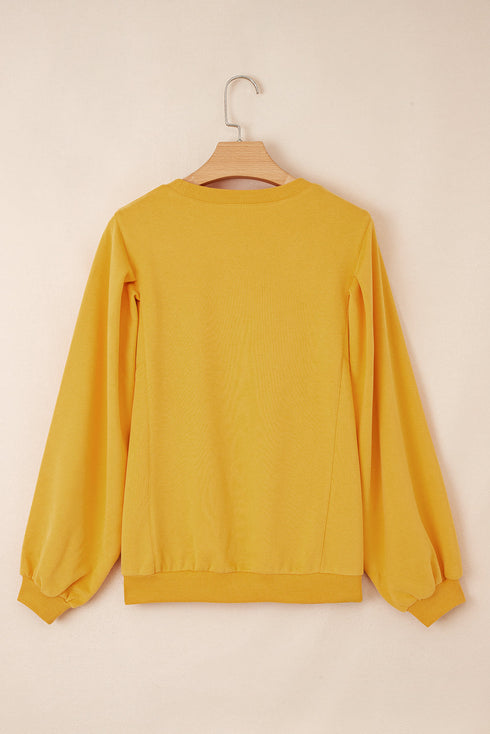 Structured Puff Sleeve Crew Neck Cotton Blend Sweatshirt