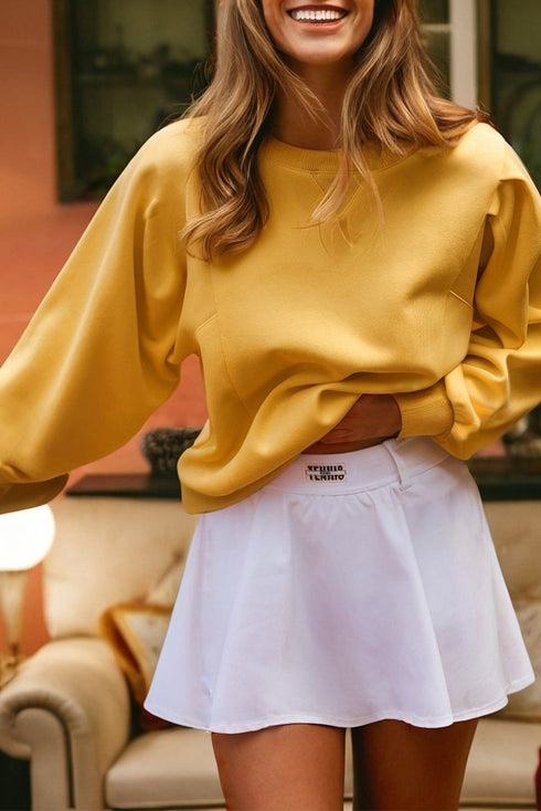 Structured Puff Sleeve Crew Neck Cotton Blend Sweatshirt