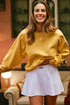 Structured Puff Sleeve Crew Neck Cotton Blend Sweatshirt