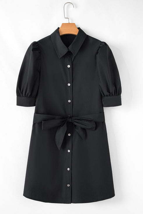 Structured Woven Puff Sleeve Button Front Shirt Dress
