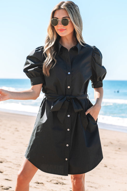 Structured Woven Puff Sleeve Button Front Shirt Dress