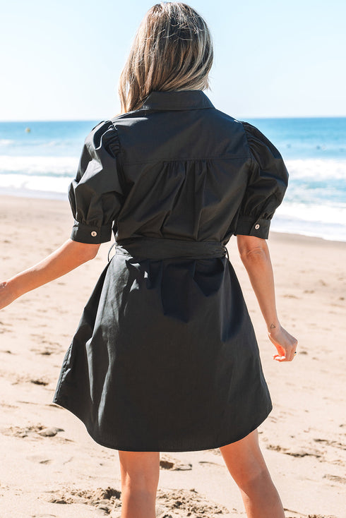 Structured Woven Puff Sleeve Button Front Shirt Dress
