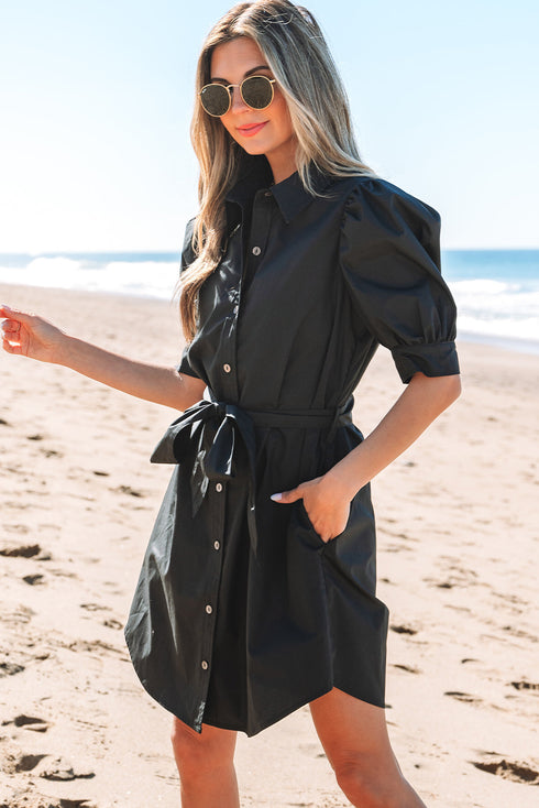 Structured Woven Puff Sleeve Button Front Shirt Dress