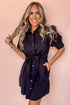 Structured Woven Puff Sleeve Button Front Shirt Dress