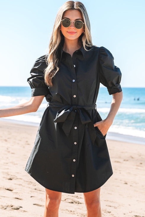 Structured Woven Puff Sleeve Button Front Shirt Dress