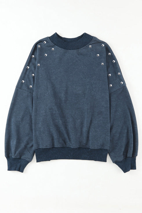 Studded Accent Vintage Finish Drop Shoulder Sweatshirt