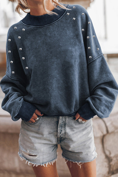 Studded Accent Vintage Finish Drop Shoulder Sweatshirt