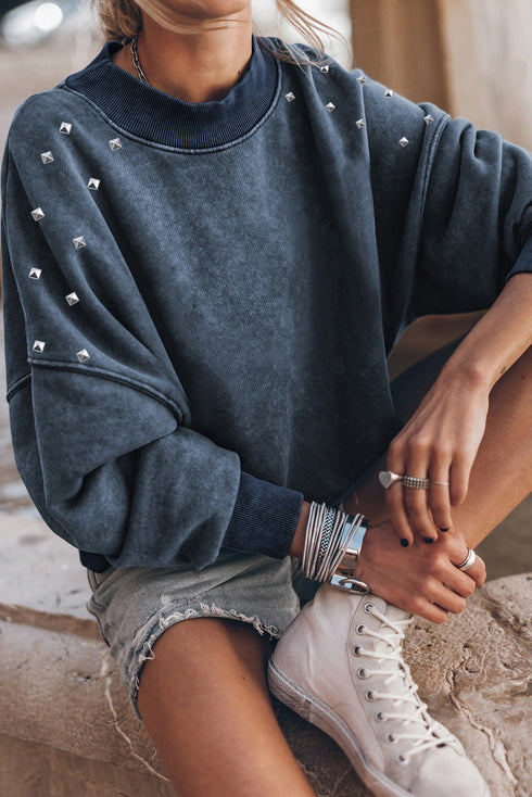 Studded Accent Vintage Finish Drop Shoulder Sweatshirt