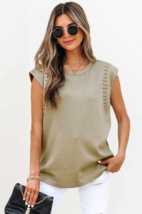 Studded Cap Sleeve Round Neck Soft Jersey Shirt
