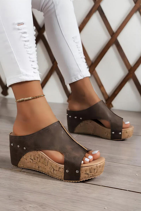 Studded Cutout Faux Leather Wedge Slide