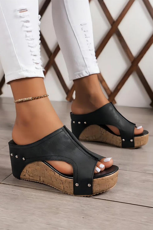 Studded Cutout Faux Leather Wedge Slide