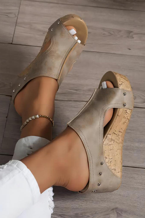 Studded Cutout Faux Leather Wedge Slide