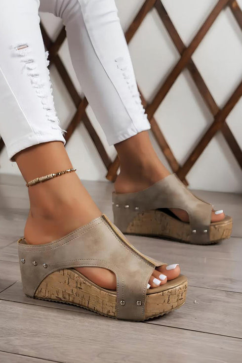 Studded Cutout Faux Leather Wedge Slide
