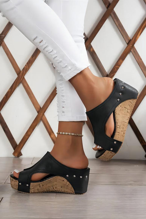 Studded Cutout Faux Leather Wedge Slide