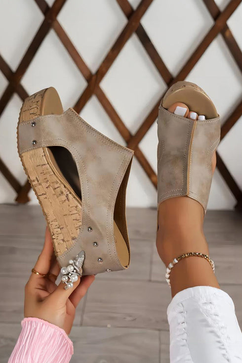 Studded Cutout Faux Leather Wedge Slide