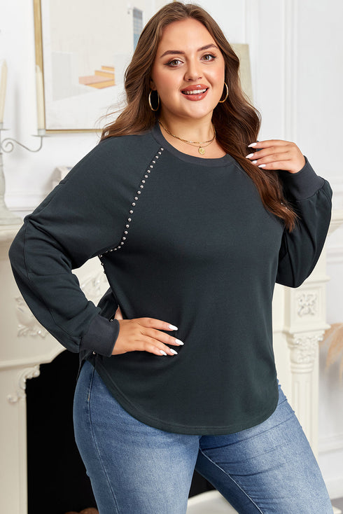 Studded Decor Ribbed Edge Washed Long Sleeve Top