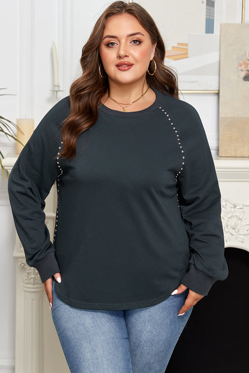 Studded Decor Ribbed Edge Washed Long Sleeve Top