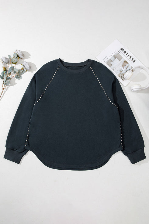 Studded Decor Ribbed Edge Washed Long Sleeve Top