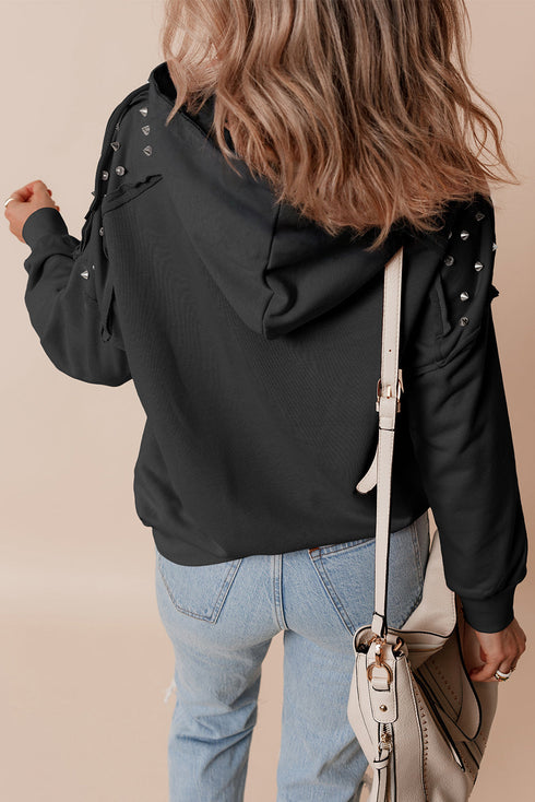 Studded Detail Raglan Sleeve Relaxed Pullover Hoodie