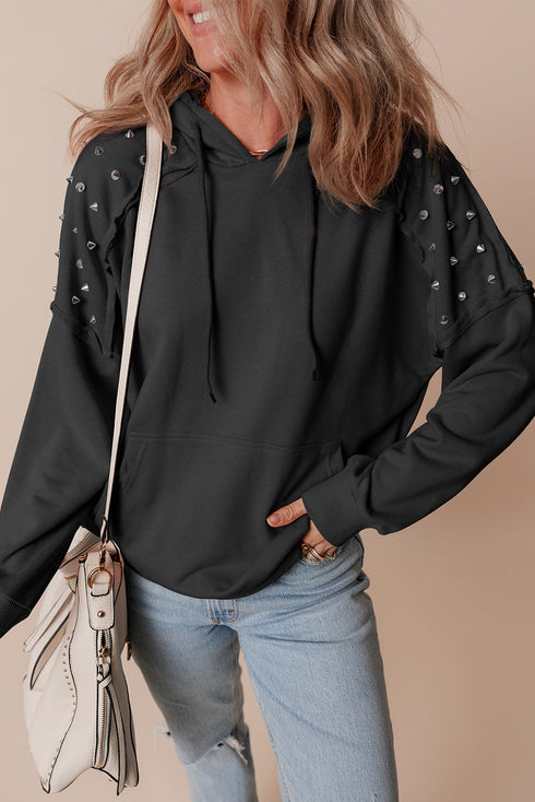 Studded Detail Raglan Sleeve Relaxed Pullover Hoodie