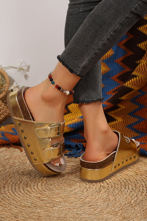 Studded Faux Leather Double Buckle Platform Slide Slippers