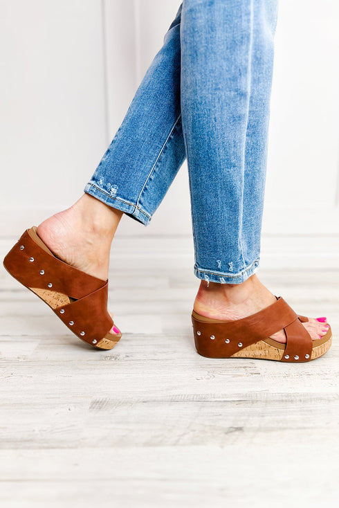 Studded Faux Leather Toe Ring Wedge Slippers