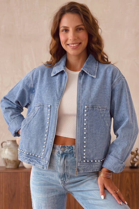 Studded Metal Zipper Rivet Pocket Denim Jacket