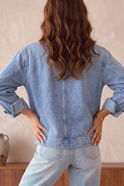 Studded Metal Zipper Rivet Pocket Denim Jacket