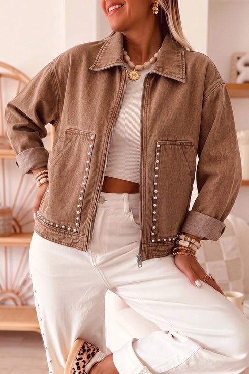 Studded Metal Zipper Rivet Pocket Long Sleeve Denim Jacket