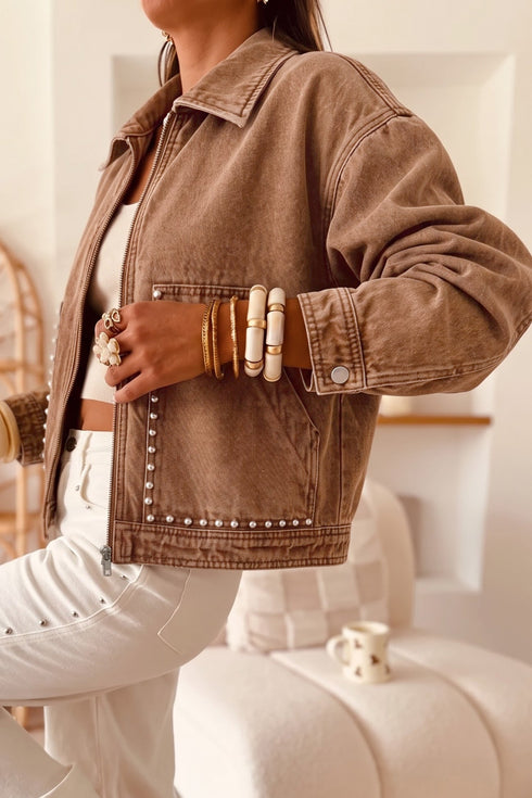 Studded Metal Zipper Rivet Pocket Long Sleeve Denim Jacket