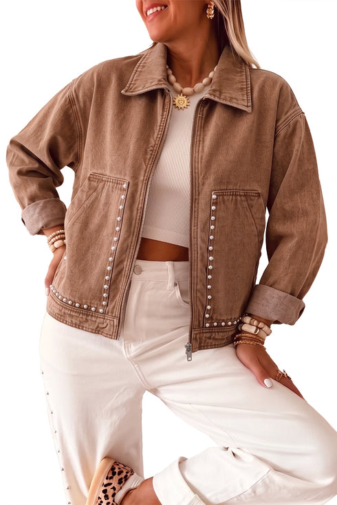 Studded Metal Zipper Rivet Pocket Long Sleeve Denim Jacket