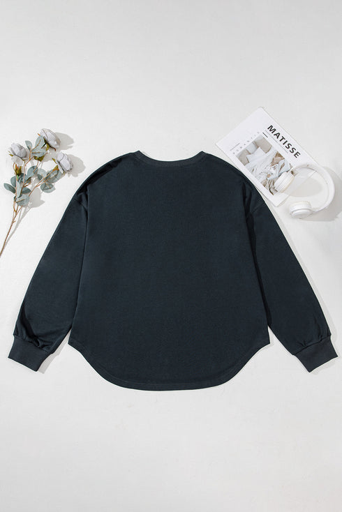 Studded Raglan Mineral Wash Ribbed Trim Curved Hem Pullover Top