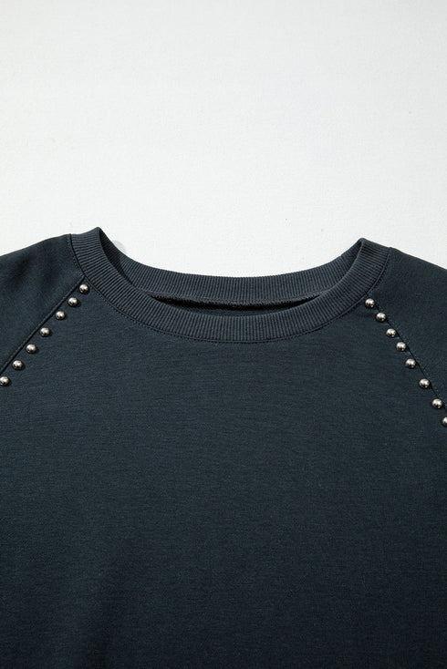 Studded Raglan Mineral Wash Ribbed Trim Curved Hem Pullover Top