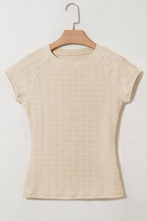 Subtle Arch Textured Crew Neck Cap Sleeve Fitted Tee