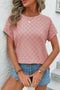 Subtle Grid Textured Checkered Round Neck Cuffed Sleeve Tee