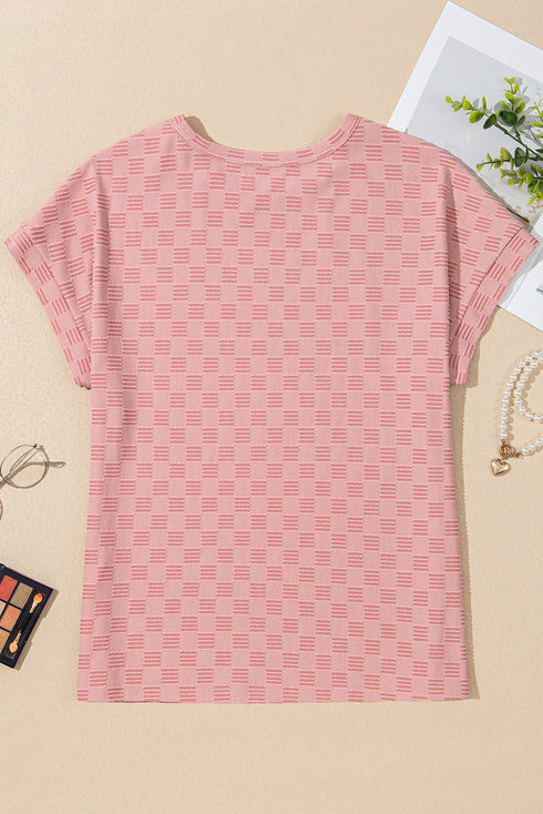 Subtle Grid Textured Checkered Round Neck Cuffed Sleeve Tee