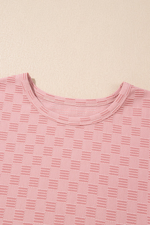 Subtle Grid Textured Checkered Round Neck Cuffed Sleeve Tee