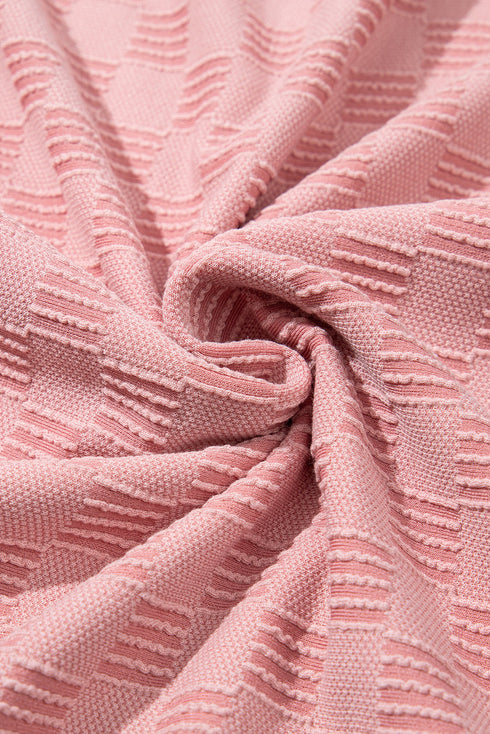 Subtle Grid Textured Checkered Round Neck Cuffed Sleeve Tee