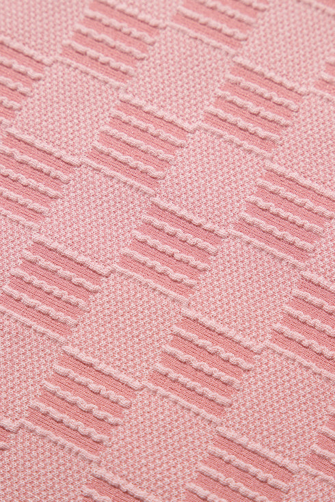 Subtle Grid Textured Checkered Round Neck Cuffed Sleeve Tee