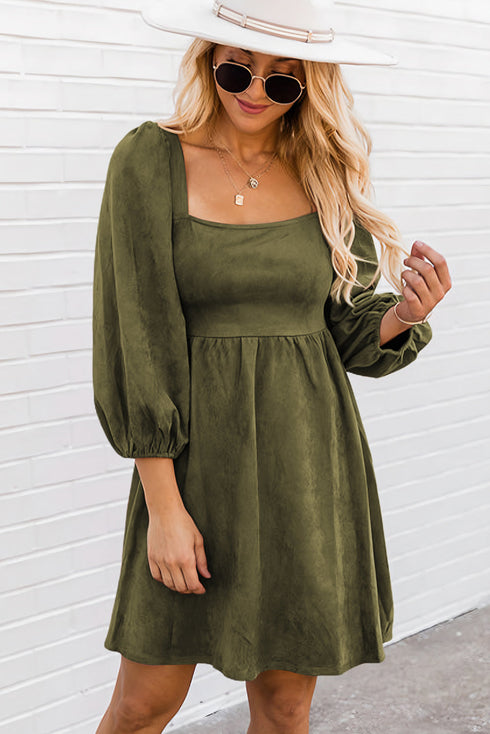 Suede Square Neck Puff Sleeve Dress