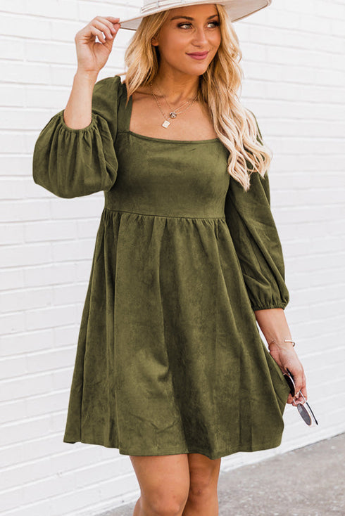 Suede Square Neck Puff Sleeve Dress