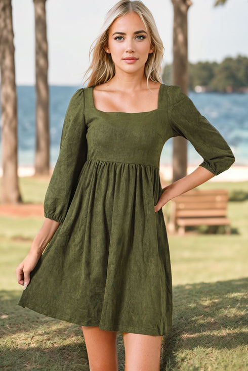 Suede Square Neck Puff Sleeve Dress