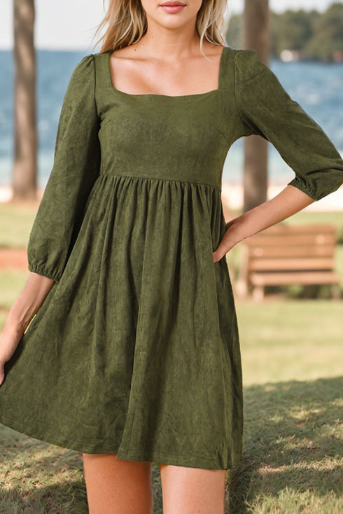 Suede Square Neck Puff Sleeve Dress