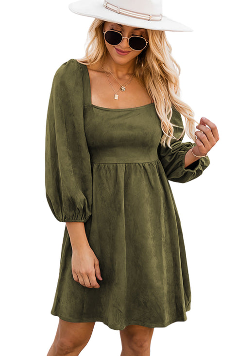 Suede Square Neck Puff Sleeve Dress