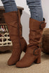 Suede Texture Double Buckle Strap Side Zip Mid Calf Boots