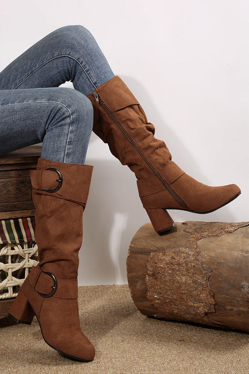 Suede Texture Double Buckle Strap Side Zip Mid Calf Boots