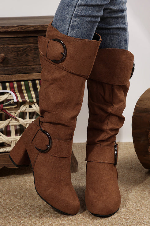 Suede Texture Double Buckle Strap Side Zip Mid Calf Boots
