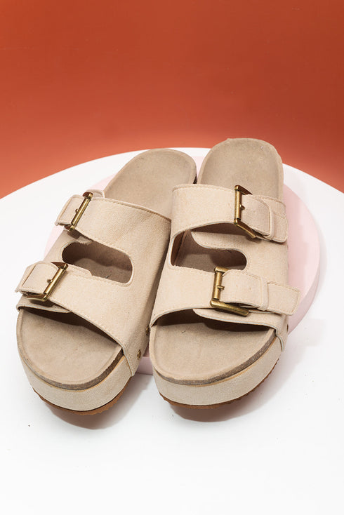 Suede Texture Wide Strap Buckle Decor Slide Slippers