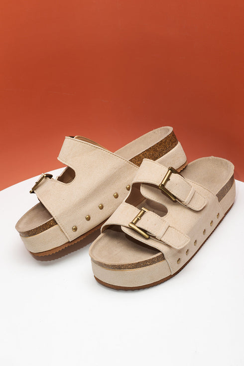 Suede Texture Wide Strap Buckle Decor Slide Slippers