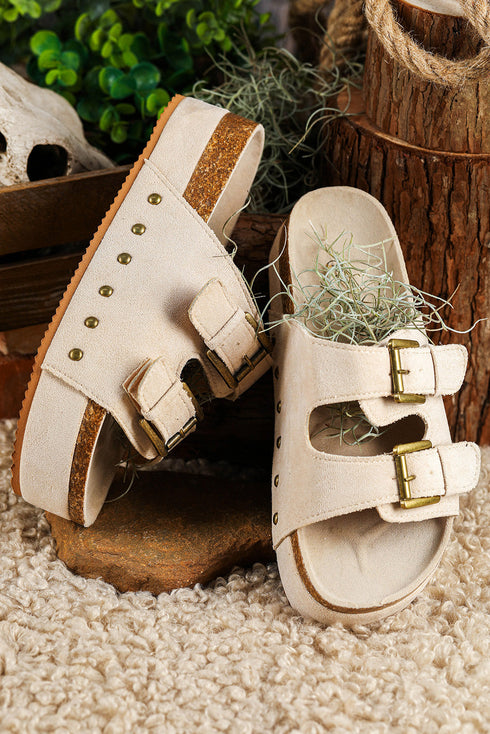 Suede Texture Wide Strap Buckle Decor Slide Slippers